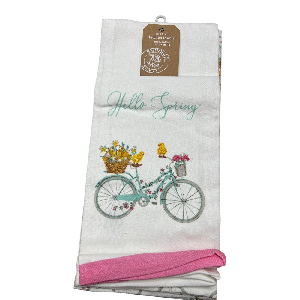 Snuggle Bunny Kitchen Towels Set of 2 White Pink Hello Spring Bicycle NWT 18x28
